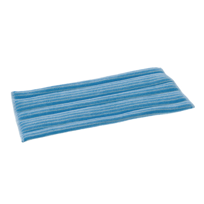 The TASKI Jonmaster Standard Damp Mop Velcro Microfiber Covers by Diversey Deutschland GmbH & Co. OHG is a rectangular blue microfiber cleaning pad with thin white stripes, designed for efficient cleaning and depicted flat on a white background.