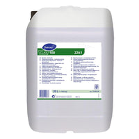 A 20-liter canister of Clax 100 Detergent Booster—for food stains—from Diversey Deutschland GmbH & Co. OHG, with a white, multilingual label, a handle, and a screw-on cap for effective cleaning of food stains.