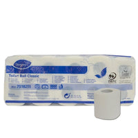 10-pack of "Classic Toilet Paper" by Diversey Germany, white 2-ply cellulose, 16.8 m per roll, 160 sheets per roll (Ø 98 mm), environmentally certified; packaging features product information, an eco-label, and a blue-and-white design.