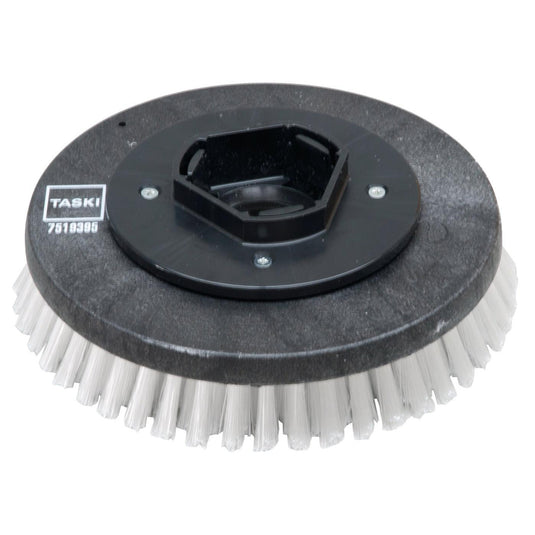Eine runde schwarze Kunststoff Scheuerbürste Nylon (28 cm) von Diversey Deutschland GmbH & Co. OHG, mit steifen weißen Borsten, passend für swingo 955/1255/2100/5000 zur gründlichen Reinigung - Standardscheuerbürste, 1 Stück pro Packung.