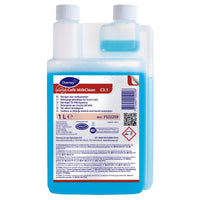 The 1L Suma Café MilkClean C3.1 milk system cleaner from Diversey Deutschland GmbH & Co. OHG comes in a blue liquid, a double-necked bottle, a white cap, and a multilingual label with instructions for use and safety precautions for cleaning coffee machines.