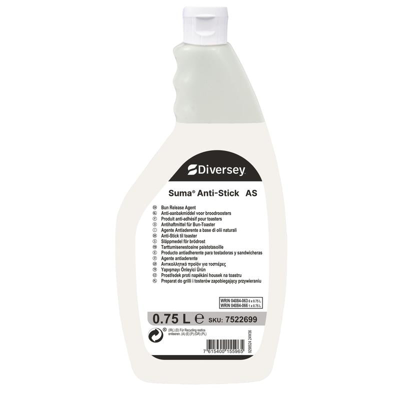 Eine 750 ml Flasche Suma Anti-Stick AS Antihaftmittel für Bun-Toaster von Diversey Deutschland GmbH & Co. OHG, mit weißem Etikett, ergonomischem Griff und mehrsprachiger Anleitung - perfekt für die professionelle Reinigung von Küchentoastern.