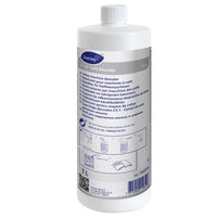The white 1-liter bottle of Diversey Deutschland Suma Café Descale C5.1 coffee machine descaler, featuring a blue label and a white screw cap, is designed to remove limescale buildup from professional kitchen coffee machines.