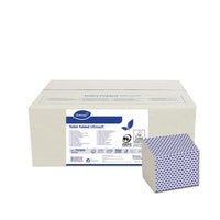 Eine große weiße Schachtel mit der Aufschrift "Toilettenpapier "Folded" Ultrasoft 36x250 Stk., 2-lagig, weiß, umweltzertifiziert" der Diversey Deutschland GmbH & Co. OHG steht hinter Falzbogen mit blau gemustertem Rand; Produktdetails sind sichtbar.