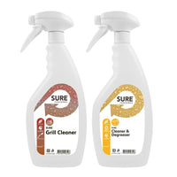 Two white trigger-spray bottles from Diversey Deutschland GmbH & Co. OHG are shown: the one on the left has a brown SURE Grill Cleaner label for grills, and the one on the right has a yellow SURE Cleaner & Degreaser label.