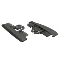 Two black Jonmaster UltraPlus L/R plastic end caps from Diversey Deutschland GmbH & Co. OHG, used as replacement caps for the UltraPlus mop holder, shown with rounded edges and locking mechanisms on a white background (2 packs per box).