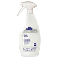 Une bouteille vide Suma Calc blanche de 750 ml de la société Diversey Deutschland GmbH & Co. OHG, étiquetée pour un détartrant avec la mention « RTU » et un texte multilingue sur le devant ; elle est livrée vide sous forme de vaporisateur.