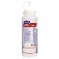 Un flacone dosatore da 0,5 L di TASKI Sani 4 in 1 Plus della Diversey Deutschland GmbH & Co. OHG con la testina di spruzzatura piegata. L’etichetta è multilingue e presenta dettagli nei colori blu e rosso.