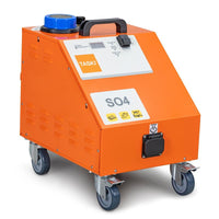 The TASKI Steam SO4 steam cleaner from Diversey Deutschland GmbH & Co. OHG features 4.5 bar steam pressure, an orange housing with a handle, wheels, a control panel, a blue cap, safety stickers, and a front power outlet—ideal for eco-friendly cleaning.