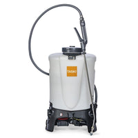 The TASKI Sprayer BP 15l Li-Ion from Diversey Deutschland GmbH & Co. OHG is a white backpack sprayer with a 15-liter capacity, padded straps, a black hose, and a base, ideal for applying liquids. Includes a rechargeable battery and charger.