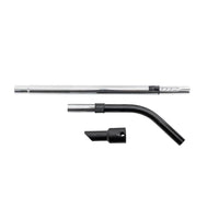 The TASKI AERO Upgrade Kit from Diversey includes a metal elbow, a hose connector, and a telescoping pole for Aero tank vacuums, which are shown against a white background to highlight the cleaning performance of each attachment.