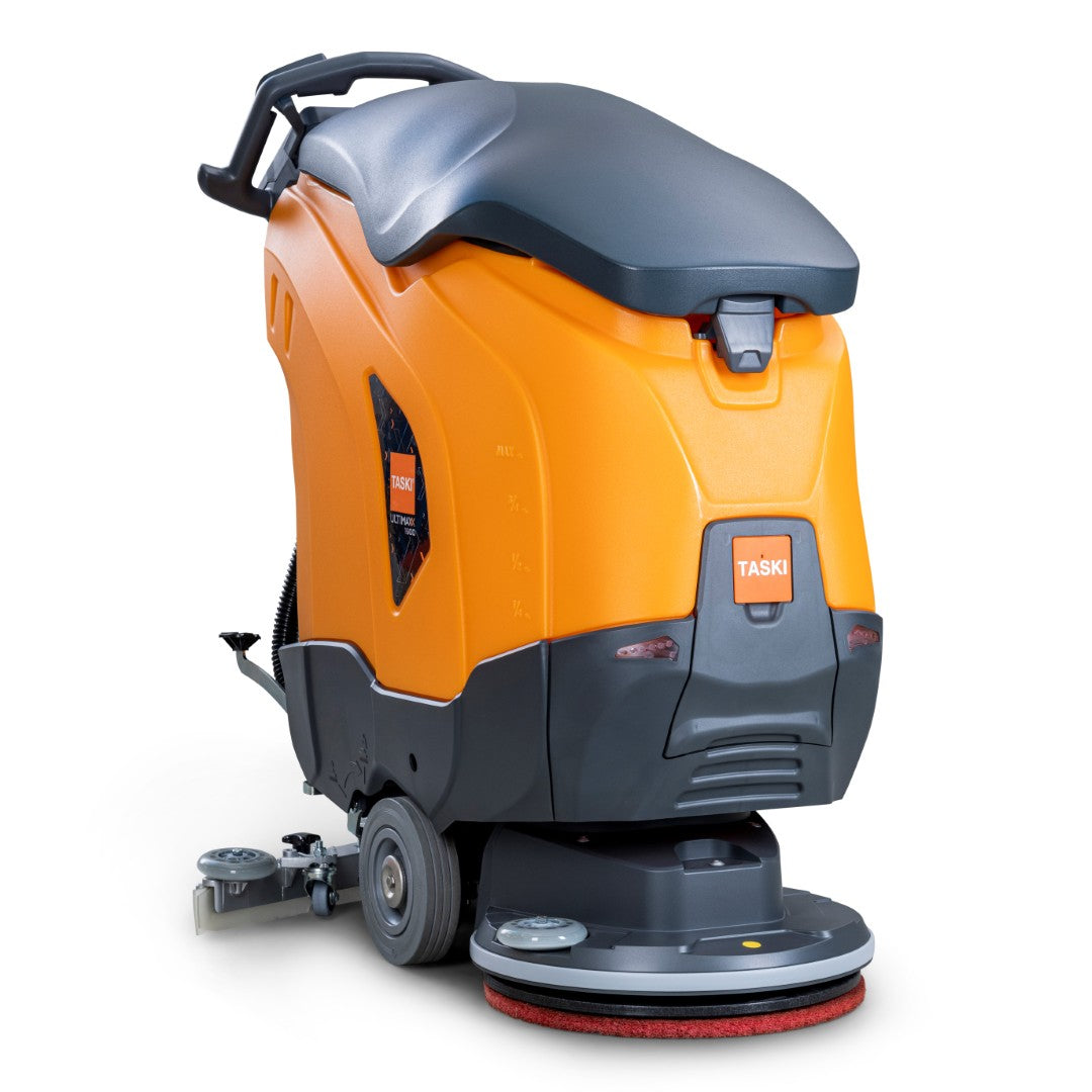 La TASKI ULTIMAXX 1900 SD50 Economy de Diversey Allemagne est une autolaveuse orange-grise avec un réservoir de 42L, un disque simple de 50 cm, une poignée, des roues arrière et un marquage Taski visible. Sans moteur ; idéale pour un nettoyage efficace.