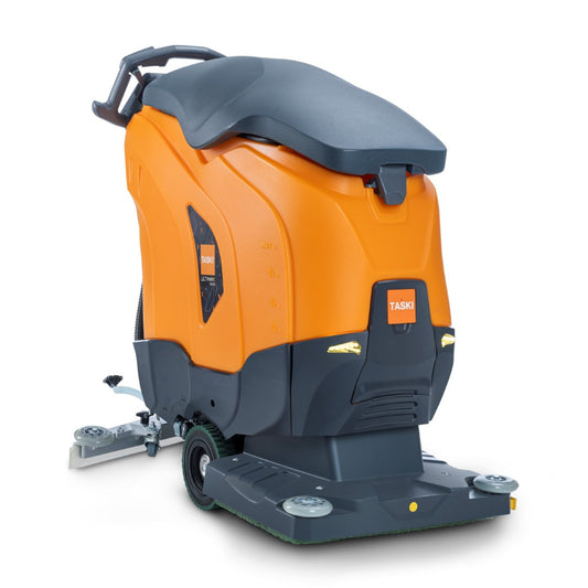 Die TASKI ULTIMAXX 1900 OB50 Performance BMS 25A EBU von Diversey Deutschland ist eine orange-schwarze Scheuersaugmaschine mit Radantrieb, 42L Tank, und einem 50cm Orbitaldeck - von hinten auf weißem Hintergrund dargestellt.