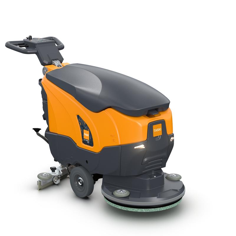 Die TASKI ULTIMAXX 900 SD50 P BMS 13A gel ready von Diversey Deutschland GmbH & Co. OHG ist ein orange-grauer Industriebodenschrubber mit Lenker, Rädern, einer Frontschrubbbürste und seitlichen Bedienknöpfen für eine effektive Reinigung. Packung: 1 Stück.