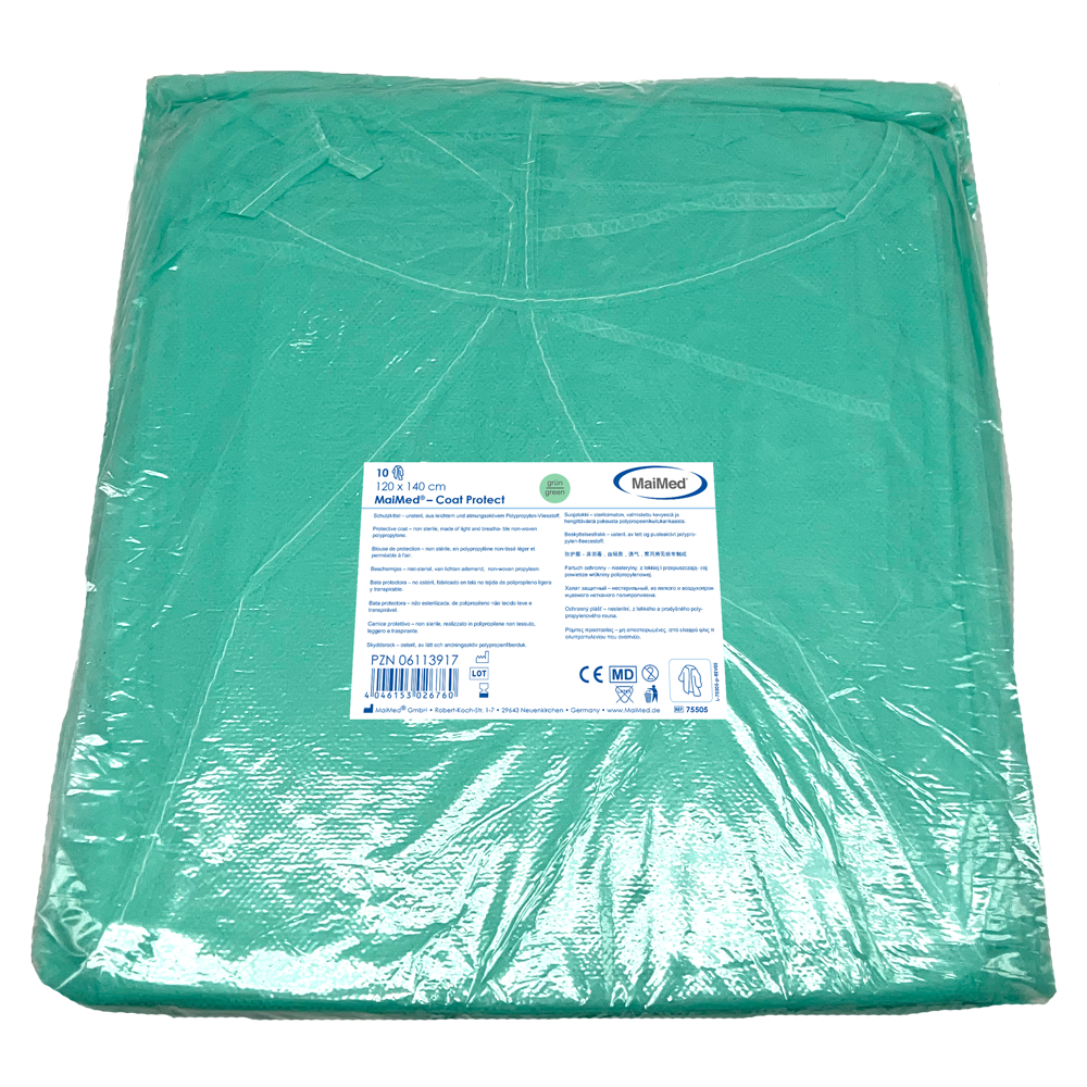 MaiMed-Coat Protect, blouse de protection en polaire, verte non stérile, poignets élastiques, longueur 120 cm, 10 pièces | Paquet (10 pièces)