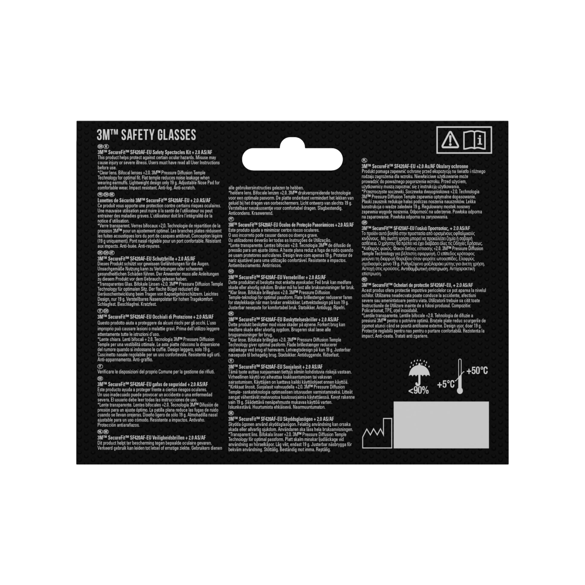 Rückseite der 3M™ SecureFit™ Lese-Schutzbrille-Verpackung der 3M Deutschland GmbH, mit mehrsprachiger Sicherheits- und Produktinformation in Weiß auf Schwarz, kleinen Symbolgrafiken oben rechts und einem Temperaturdiagramm unten rechts.