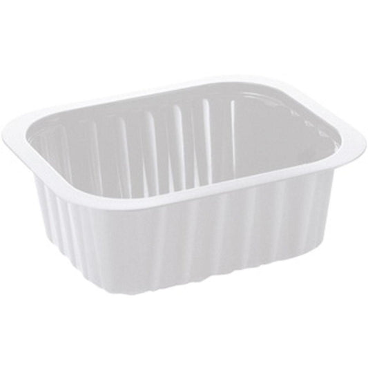 Das PP-Schälchen Weiß PP 138x114 der Duni GmbH ist ein schlichtes, rechteckiges weißes Speisetablett mit geriffelten Seiten und abgerundeten Ecken, abgebildet auf weißem Hintergrund.