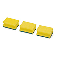 Three Nölle Profi Brush pot scrubbers with scouring pads (3-pack, 9x7 cm). Kitchen sponges from Nölle Profi Brush Bürsten- & Pinseltechnik e.K. are arranged in a row on a white background.