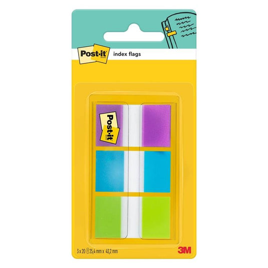 Un paquet de bandes adhésives 3M Post-it® Index, format standard (25,4 mm x 43,2 mm), contenant 60 bandes adhésives de différentes couleurs dans un distributeur. Idéal pour classer des documents ; l'emballage porte les marques Post-it® et 3M Deutschland GmbH.