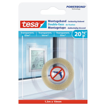 tesa Montageband für transparente Oberflächen und Glas, bis 20 kg/m 1,5 m x 19 mm