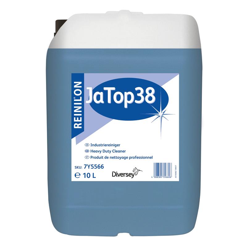 Ein 10-Liter-Gebinde Reinilon Ja-Top 38 Industriereiniger von Diversey Deutschland GmbH & Co. OHG zeichnet sich durch eine blaue Flüssigkeit, eine umweltfreundliche Formel und ein Etikett mit Produktangaben und einem Barcode auf der Vorderseite aus.