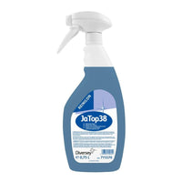 A plastic spray bottle containing blue liquid, labeled "Reinilon Ja-Top 38 Industrial Cleaner" by Diversey Deutschland GmbH & Co. OHG, holds 0.75 l and states on the label that it has an environmentally friendly formula.