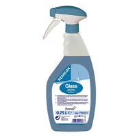 A 750 ml spray bottle of REINILON Glass Cleaner from Diversey Deutschland GmbH & Co. OHG, containing blue liquid, with a blue-and-white nozzle and a label with product information. Ideal for streak-free glass cleaning (cleaning glass surfaces).