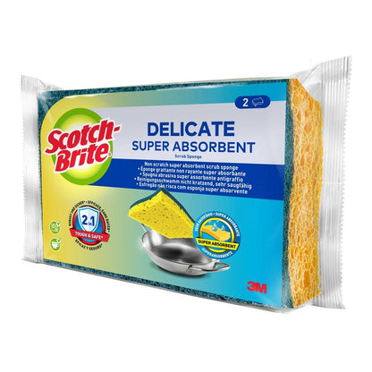 Un paquet de 3M Deutschland GmbH d'éponges de nettoyage en fibres naturelles Scotch-Brite® Delicate non abrasives contient 2 éponges super absorbantes, non abrasives, et est idéal pour les surfaces délicates.