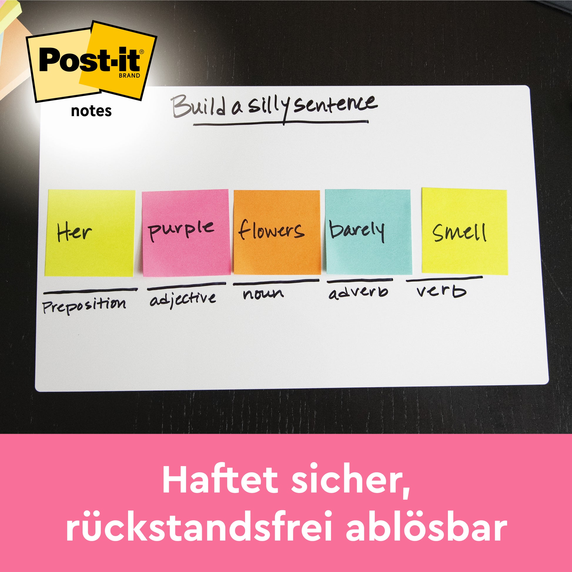 Ein Whiteboard zeigt fünf bunte Post-it® Zettel (63,5 mm x 76 mm, 100 Blatt/Block, 100% PEFC) der 3M Deutschland GmbH, die jeweils mit einem Wort und dessen Wortart beschriftet sind. Das PEFC-Logo ist oben links, der deutsche Text erscheint auf einem rosa Banner unten.
