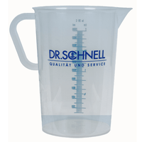 Der Dr. Schnell DR.SCHNELL Messbecher von DR.SCHNELL GmbH & Co. KGaA ist eine transparente Kunststoff-Dosierhilfe mit Henkel, Ausgießer und blauer Markierung zur präzisen Dosierung von Reinigungsmitteln; "DR. SCHNELL QUALITÄT UND SERVICE" ist an der Seite aufgedruckt.