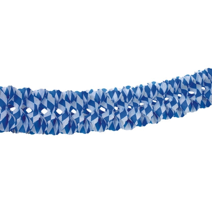 The PAPSTAR large room garland, paper flame retardant (Ø 16 cm · 10 m) from PAPSTAR GmbH features a blue-white diamond pattern, stretched horizontally on a white background. Ideal for decoration and made of flame retardant paper for additional safety.