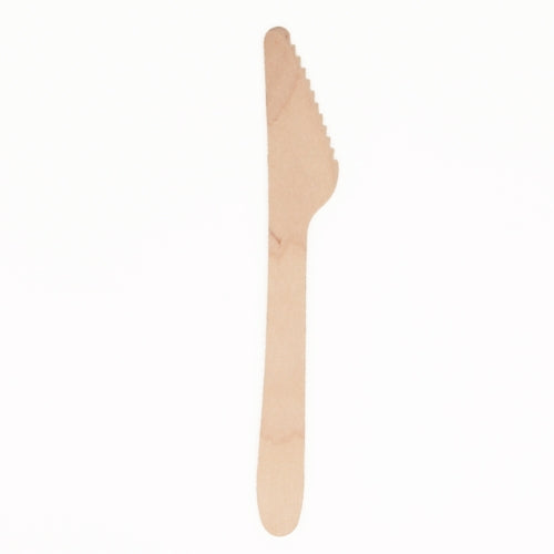 Un PAPSTAR coltello di legno "pure" (16,5 cm), ecologico e stabile, con bordo ondulato, su sfondo bianco. La confezione contiene 25 pezzi.