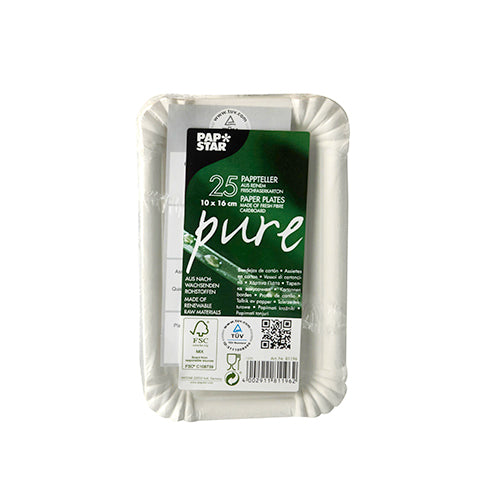 A stack of round, white PAPSTAR cardboard plates ("pure") in packaging contains 25 eco-friendly disposable plates (cardboard, brand PAPSTAR GmbH) with recycling symbols and green lettering on the front.