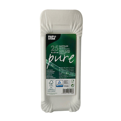 A 25-pack of round white disposable plates made from sustainable cardboard from PAPSTAR GmbH, "Pure" series, in predominantly white packaging with a green label with product details in multiple languages.