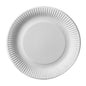 Ein 29 cm großer PAPSTAR GmbH "29 50 Teller, Pappe 'pure' rund - weiß" Pappteller mit geriffeltem Rand ist leer auf weißem Grund abgebildet, von oben gesehen.
