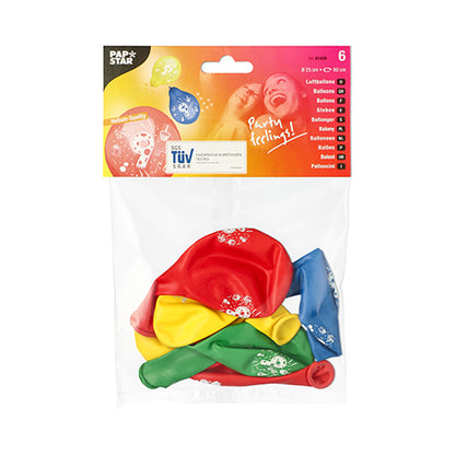 Eine transparente Kunststoffverpackung der PAPSTAR GmbH enthält sechs farbig sortierte Zahlenluftballons (Ø 25 cm) unter einem bunten „PAPSTAR“-Etikett mit Partygrafik, das auf mittlere Qualität hinweist. Zur Auswahl stehen die Farben Rot, Gelb, Grün und Blau.