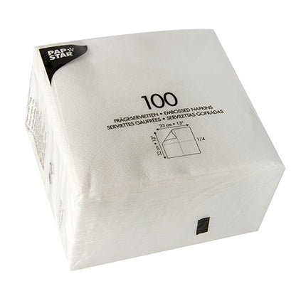 Eine versiegelte, transparente Packung enthält 1200 weiße PAPSTAR Servietten 1-lagig (33x33 cm), ideal für Feste, von PAPSTAR GmbH. Produktinformation und Abmessungen sind auf der Verpackung aufgedruckt.