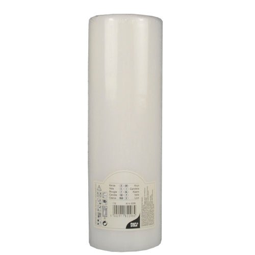 Une bougie cylindrique blanche PAPSTAR Ø 80 mm avec tête plate (250 mm de long, film rétractable, 1 pièce) de PAPSTAR GmbH est inutilisée avec une surface lisse et une étiquette à la base.