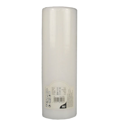 Une bougie cylindrique blanche PAPSTAR Ø 80 mm avec tête plate (250 mm de long, film rétractable, 1 pièce) de PAPSTAR GmbH est inutilisée avec une surface lisse et une étiquette à la base.