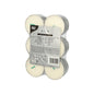 Eine durchsichtige, eingeschweißte Packung mit 12 weißen PAPSTAR Maxi-Teelichten (Ø 59 mm, 100% Stearin) ist mit grünen Dochten, Sicherheitssymbolen, Produktinformationen und dem Schriftzug der PAPSTAR GmbH versehen, um die lange Brenndauer hervorzuheben.