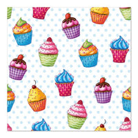 A seamless pattern of colorful cupcakes with various frostings and decorations, inspired by PAPSTAR GmbH's 20-count 33x33cm 3-ply Design Set 5, featuring a white background with light blue dots.