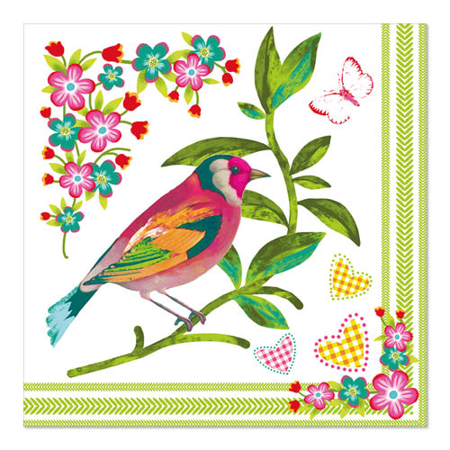 Die PAPSTAR 20 Servietten, 33x33 cm, 3-lagig von PAPSTAR GmbH zeigen einen bunten Vogel auf einem belaubten Zweig mit rosa und gelben Blumen, Schmetterlingen, Herzen und einer grün gemusterten Bordüre an zwei Kanten.