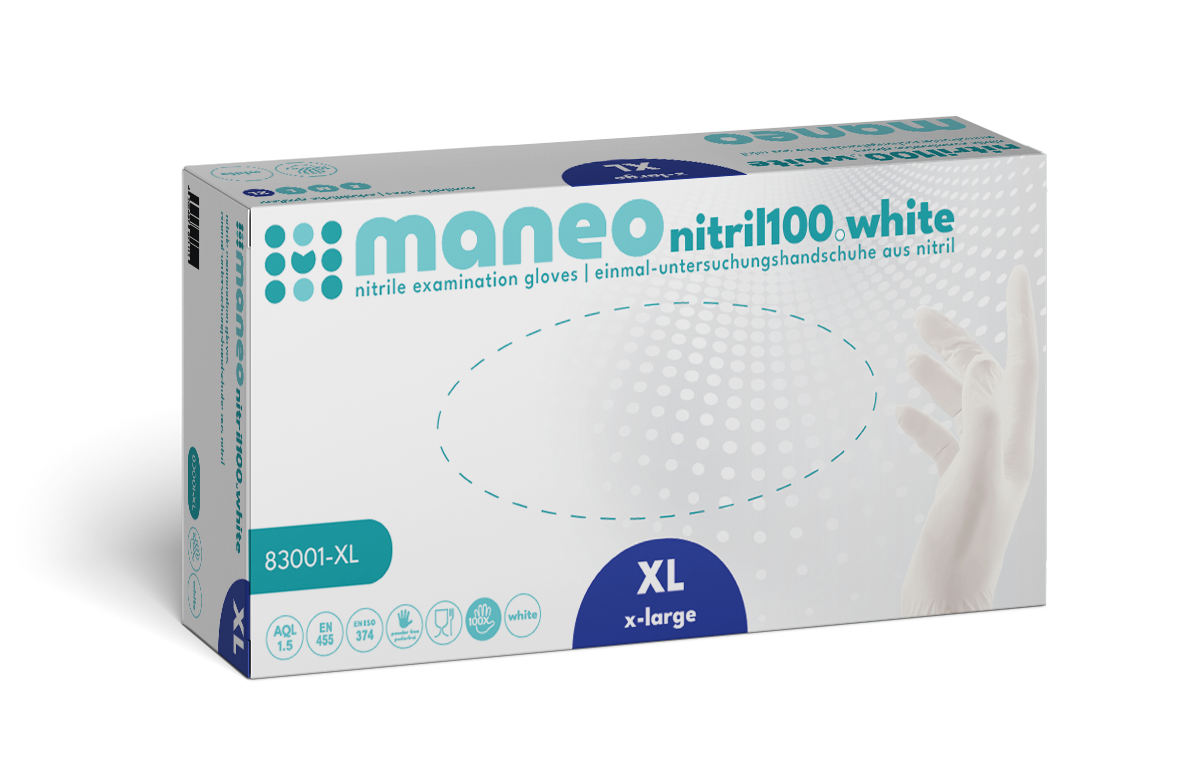 Eine rechteckige Schachtel MANEO Nitril-Handschuhe, hygienisch und strapazierfähig von ARNOWA GmbH in XL, mit teal und blauem Branding und einer Abbildung einer behandschuhten Hand auf der rechten Seite.