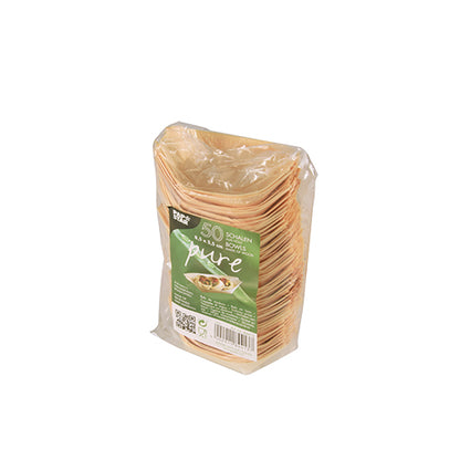A pack of 50 finger food trays "pure" wooden boats from PAPSTAR GmbH in transparent plastic packaging, made of natural wood, with a green label on the front showing product details.
