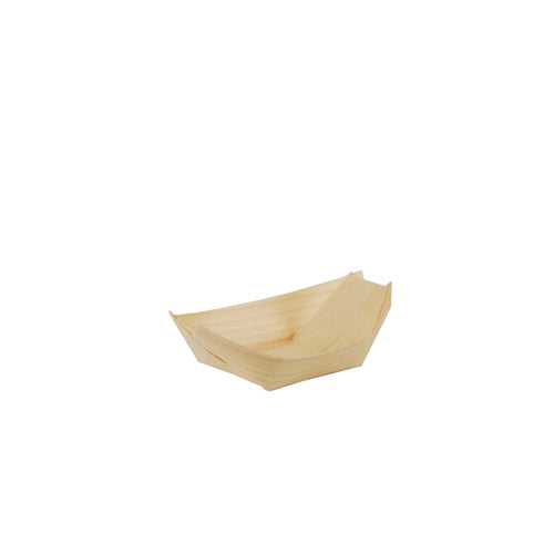The PAPSTAR 50 finger food - wooden bowls "pure" "boats" from PAPSTAR GmbH is a small, environmentally friendly, lightweight wooden tray with a raised edge and simple design – perfect for serving finger food. Pictured on a white background.