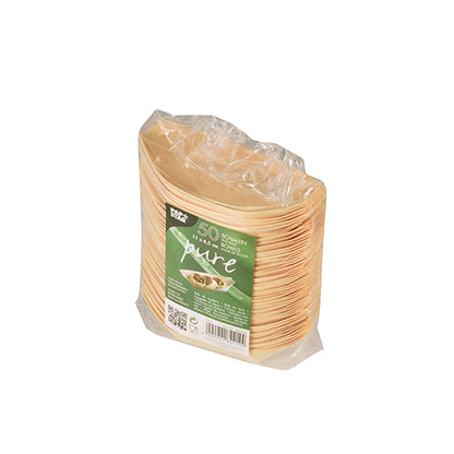A sealed plastic packaging with 50 "pure" finger food bowls ("boats") made of wood from PAPSTAR GmbH, with a green front label featuring product information and a food illustration – ideal for serving environmentally friendly finger food.