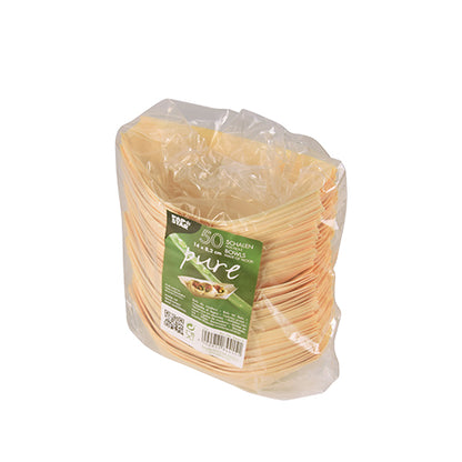 A package of 50 finger food wooden bowls "pure boats" from PAPSTAR GmbH is wrapped in transparent plastic and features a label on the front with product information and a picture of a bowl of food on a white background.