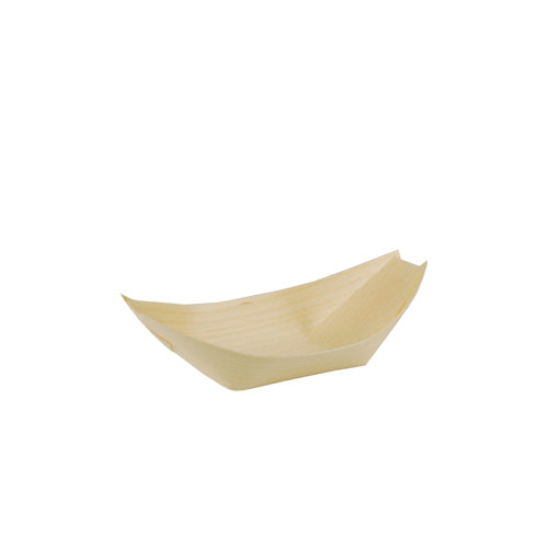 A small, flat disposable PAPSTAR 50 finger food bowls made of sustainable wood "pure", boat-shaped with raised sides from PAPSTAR GmbH, placed against a plain white background.