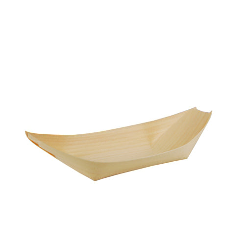 The 50 finger food trays, wooden "pure" "boat" tray from PAPSTAR GmbH is a small, empty wooden tray with raised corners, ideal for sustainable serving of finger food, depicted against a plain white background.
