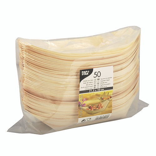 A sealed package of 50 oval PAPSTAR wooden "pure" boat plates (21.5 x 10 cm) made from eco-friendly lightweight wood shows the brand, quantity, and size of PAPSTAR GmbH – ideal for serving finger food at any event.